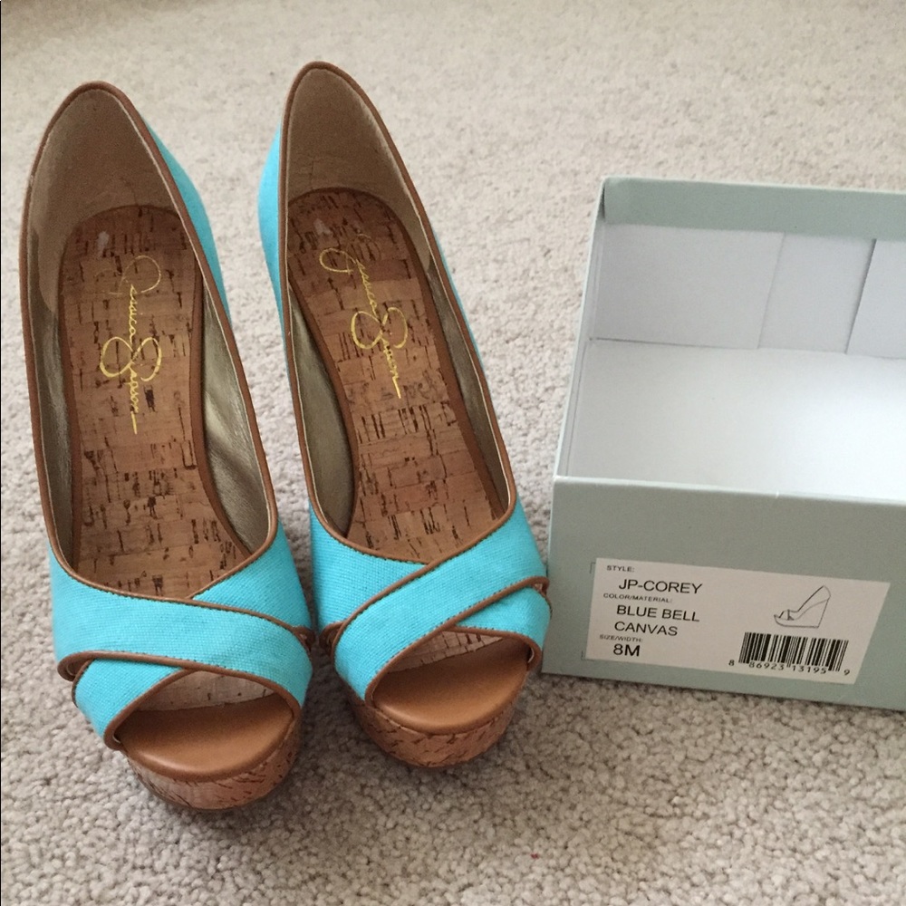 BRAND NEW Jessica Simpson Aqua and Tan Wedge Heels